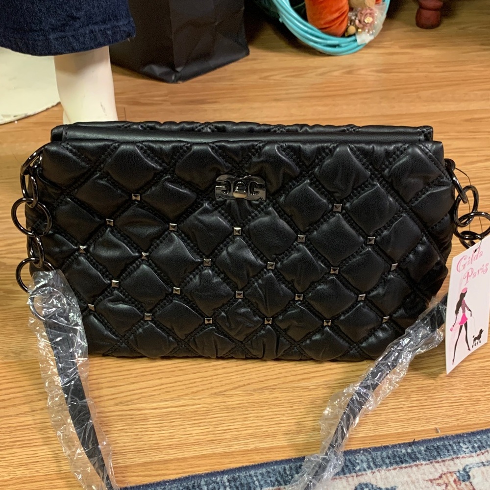 Gilda Paris Elegant Black Quilted Women's Bag waffle chain new - Picture 1 of 6